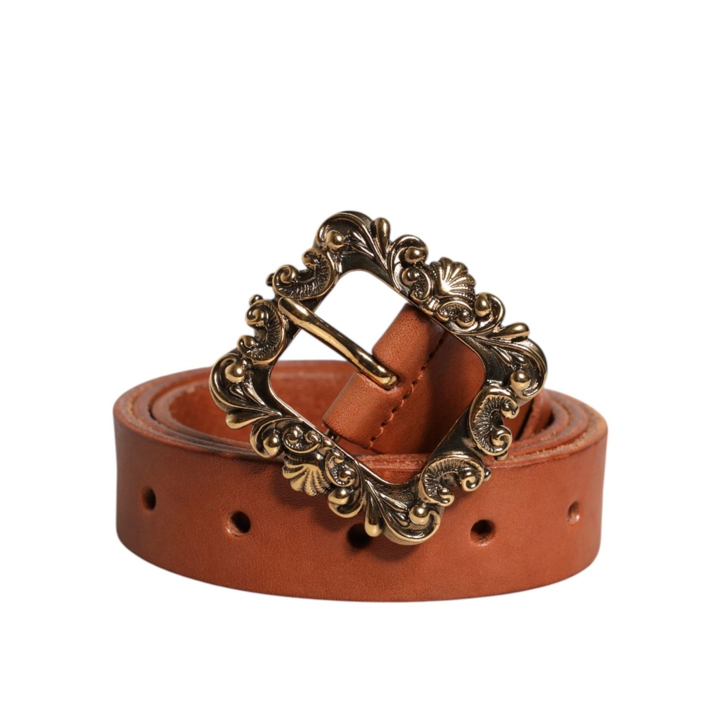Dolce & Gabbana Brown Leather Gold Metal Baroque Buckle Belt BEL9304-90