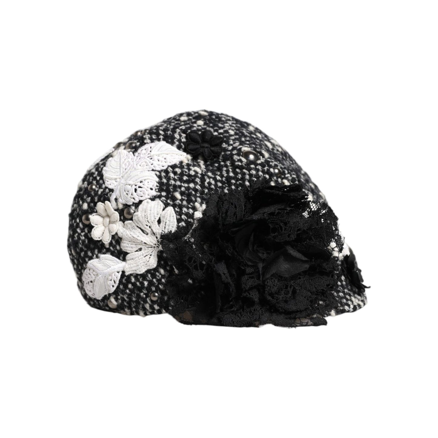 Dolce & Gabbana Black Wool White Floral Embellished Cloche Hat HAT9671