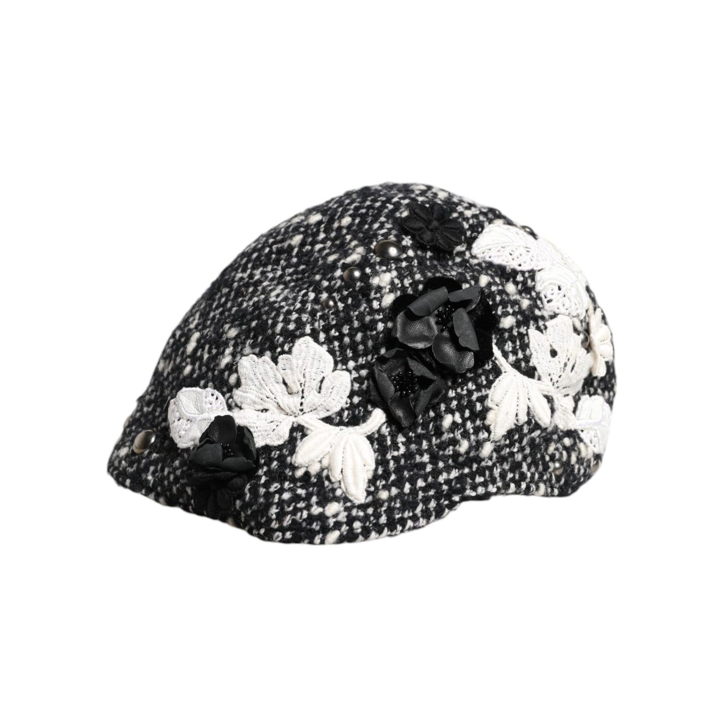 Dolce & Gabbana Black Wool White Floral Embellished Cloche Hat HAT9671