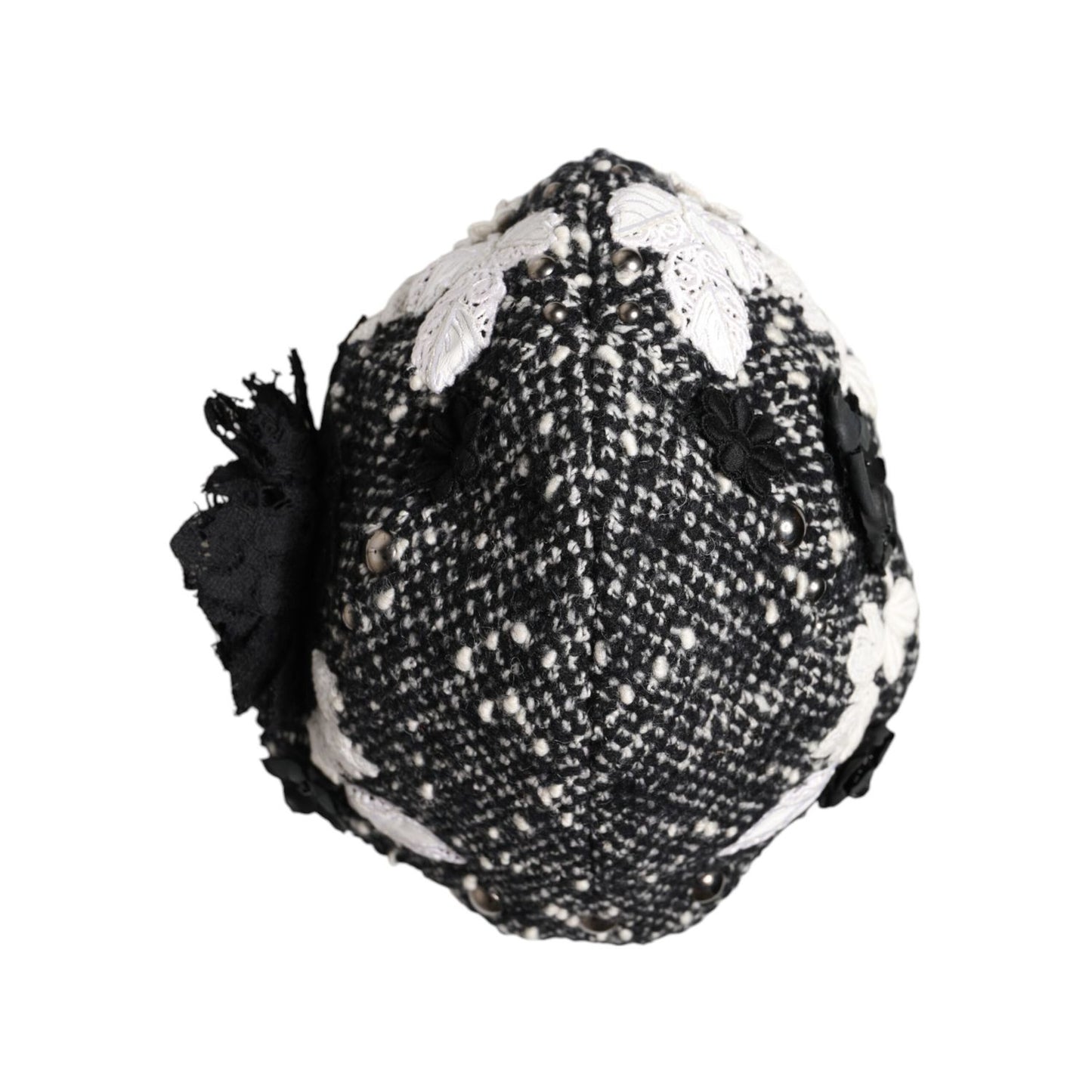 Dolce & Gabbana Black Wool White Floral Embellished Cloche Hat HAT9671