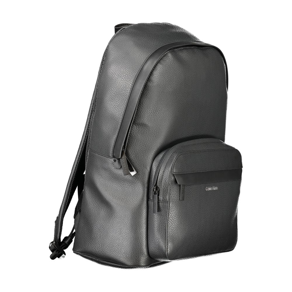 Calvin Klein Black Polyester Men Backpack with sleek design, adjustable straps, and external pocket for modern functionality.