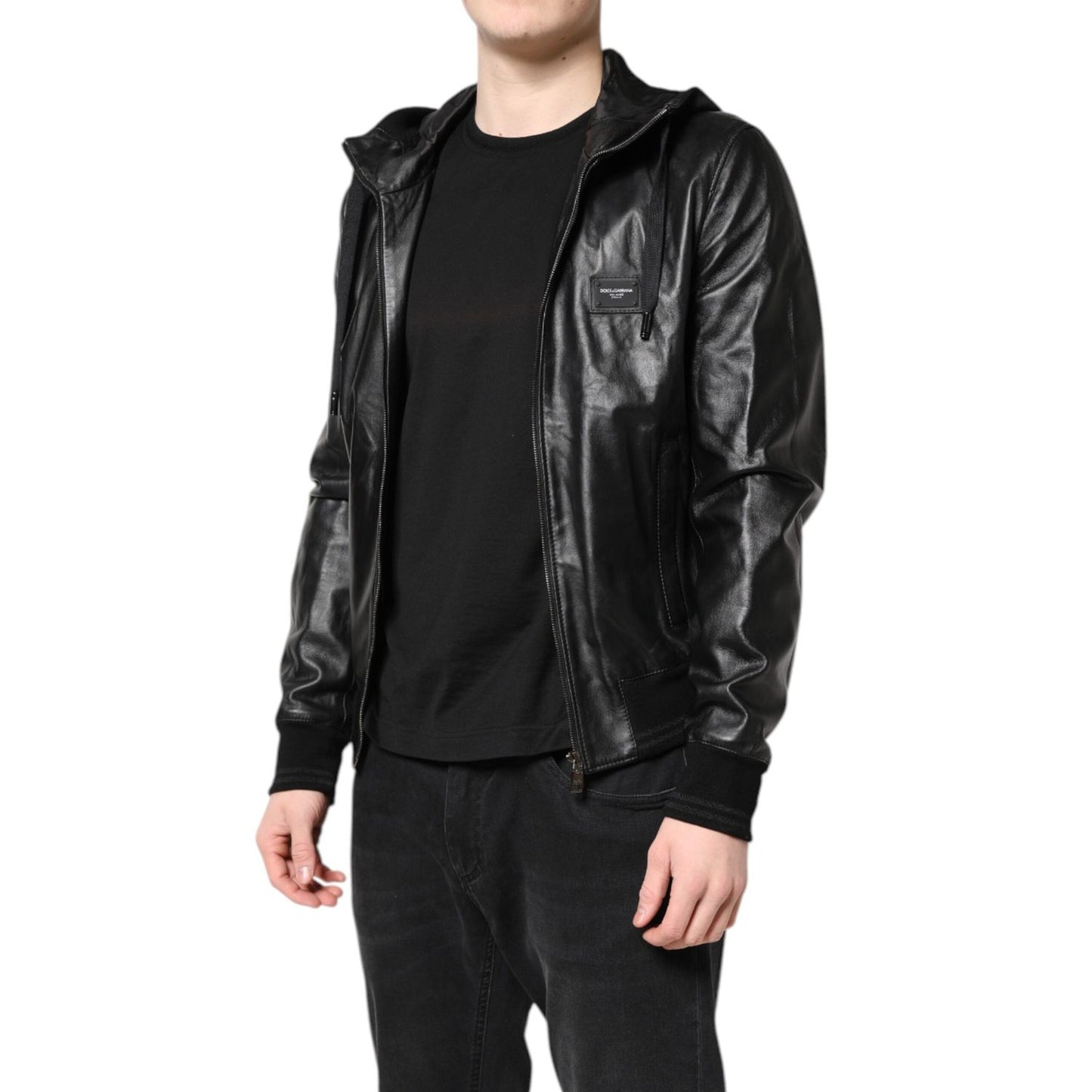 Dolce & Gabbana Black Lambskin Leather Full Zip Biker Jacket
