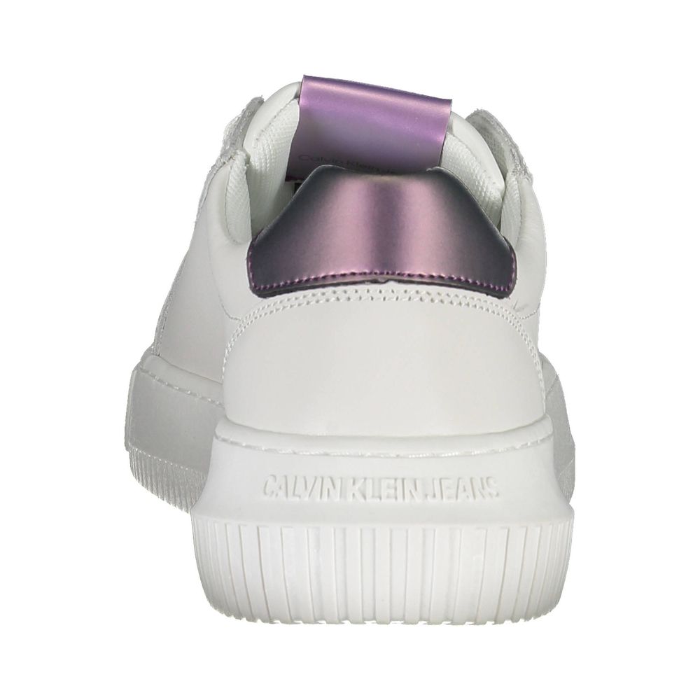 Back view of Calvin Klein White Leather Women Sneaker showcasing purple accent and signature branding.