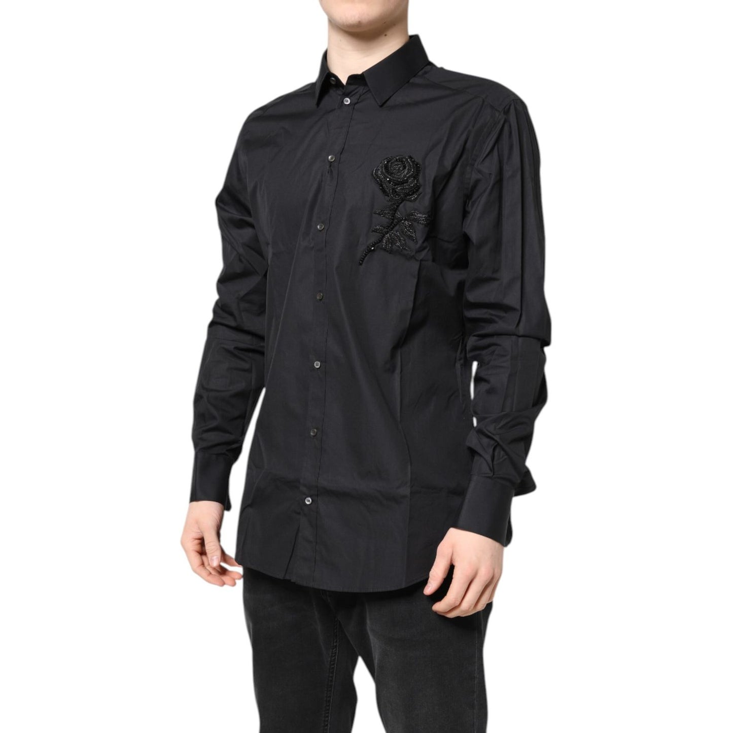 Dolce & Gabbana Black Floral Gold Cotton Dress Formal Shirt