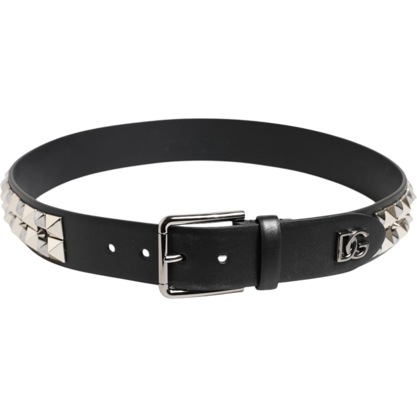 Dolce & Gabbana Black Calf Leather Studded Silver Buckle Belt