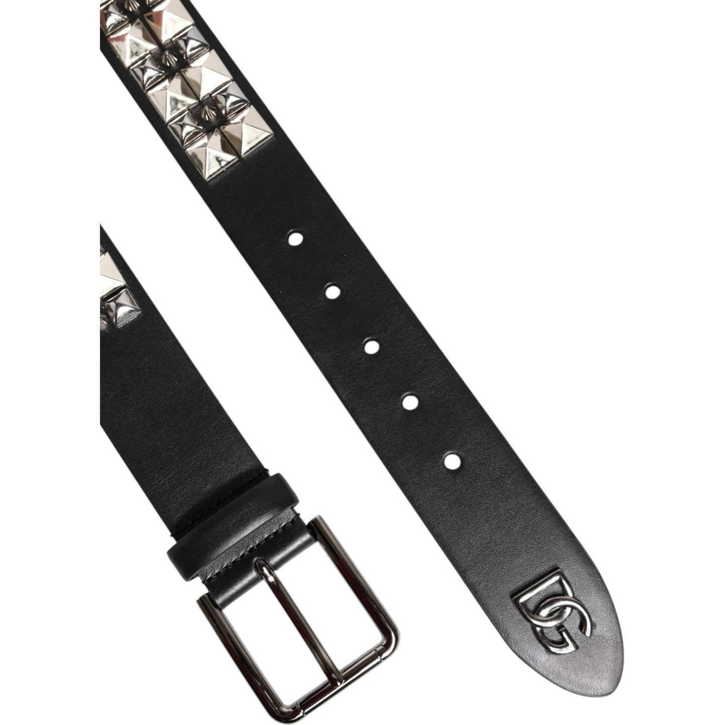 Dolce & Gabbana Black Calf Leather Studded Silver Buckle Belt