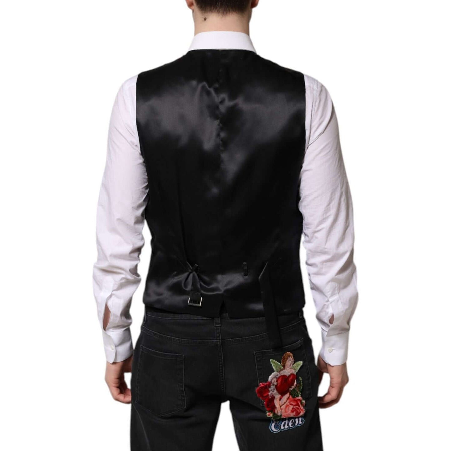 Dolce & Gabbana Black Gold Jacquard Formal Men Waistcoat Vest TSH90463-50