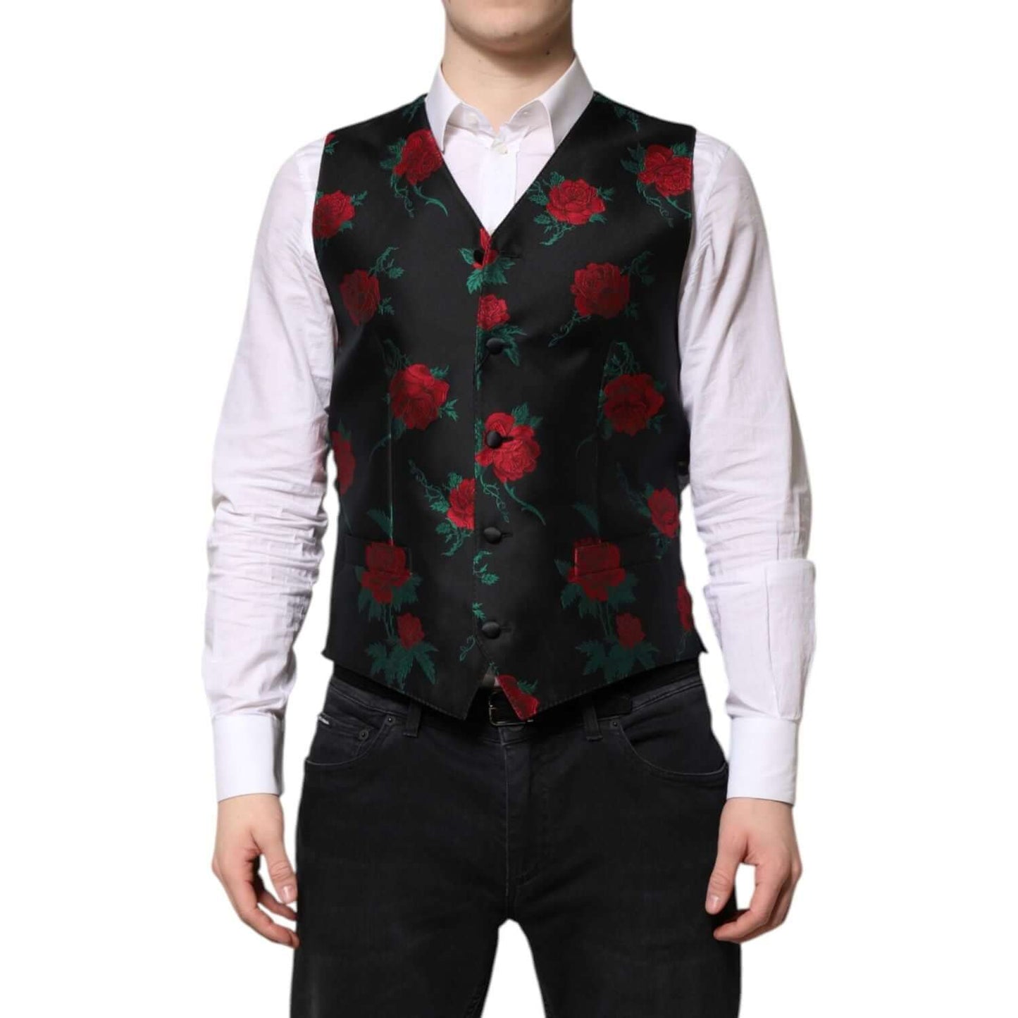 Dolce & Gabbana Red Floral Brocade Formal Men Waistcoat Vest TSH90471-48