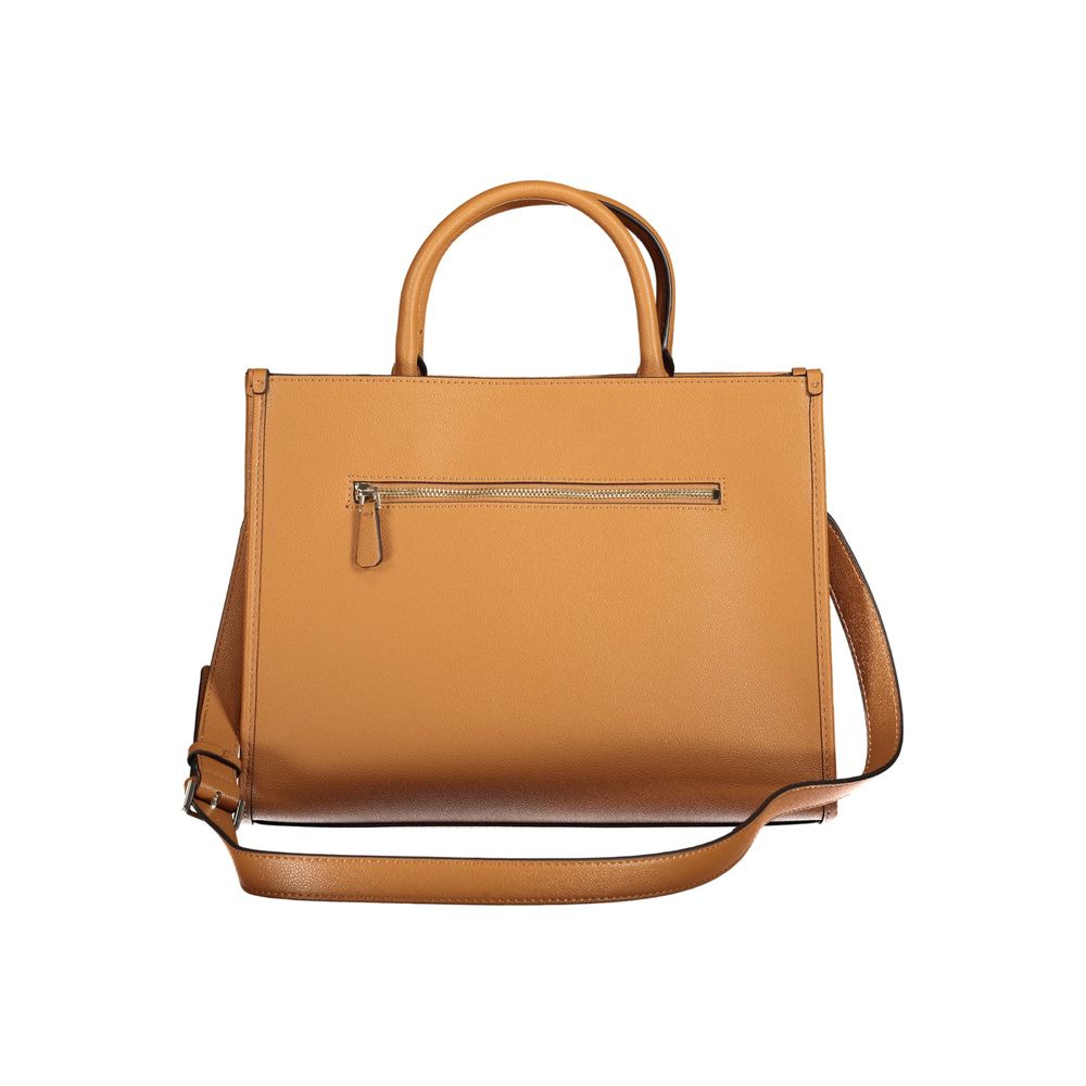 Alt Tag: Guess Jeans Brown Polyethylene Handbag with adjustable strap, external pocket, and contrasting details for stylish organization.