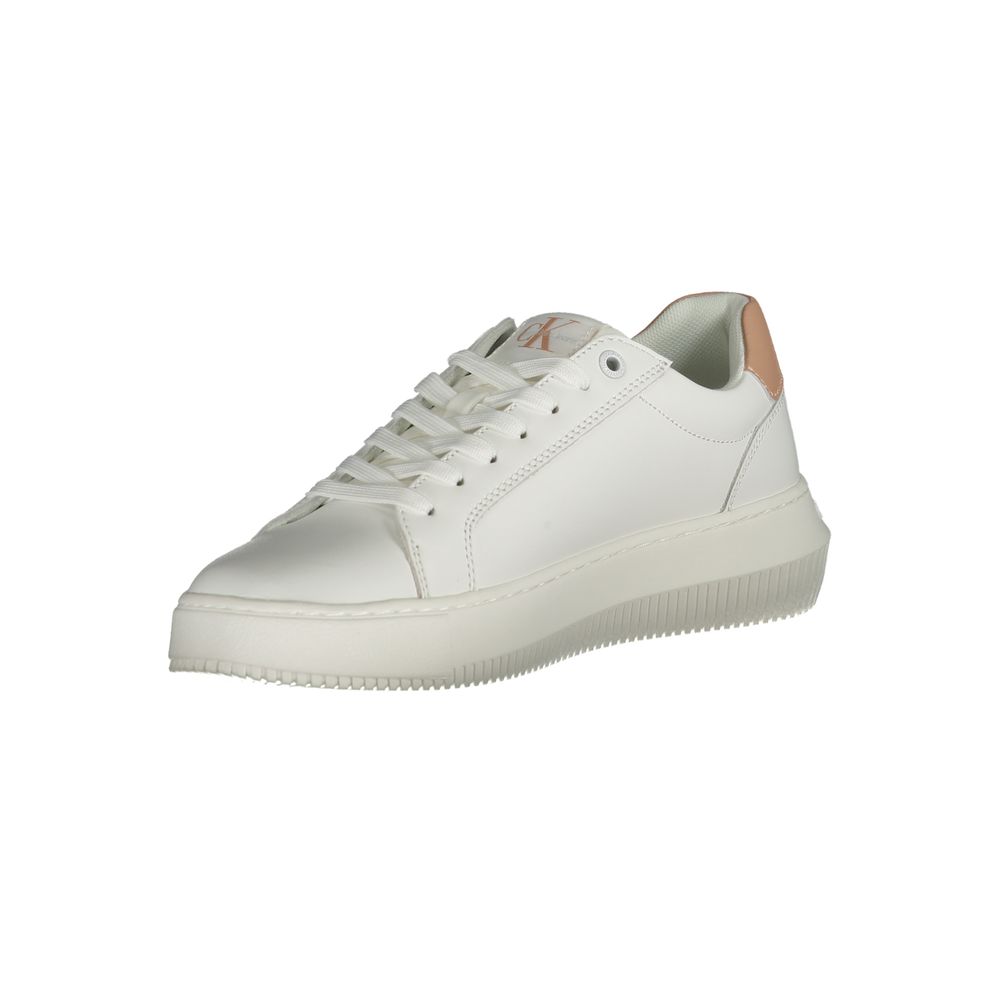 Calvin Klein White Leather Women Sneaker with pink accents and logo, crafted for sustainable style and athleticism.