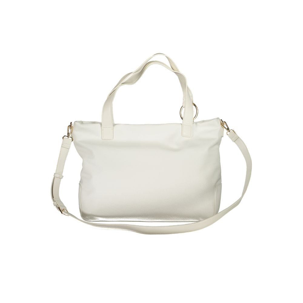 Mario Valentino White Polyethylene Handbag with adjustable strap and logo, featuring internal pocket and phone spaces.