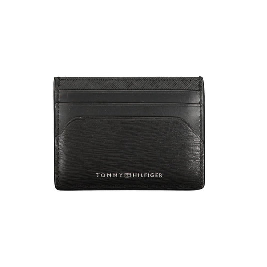 Tommy Hilfiger Black Leather Wallet featuring card holder, central pocket, with logo print.