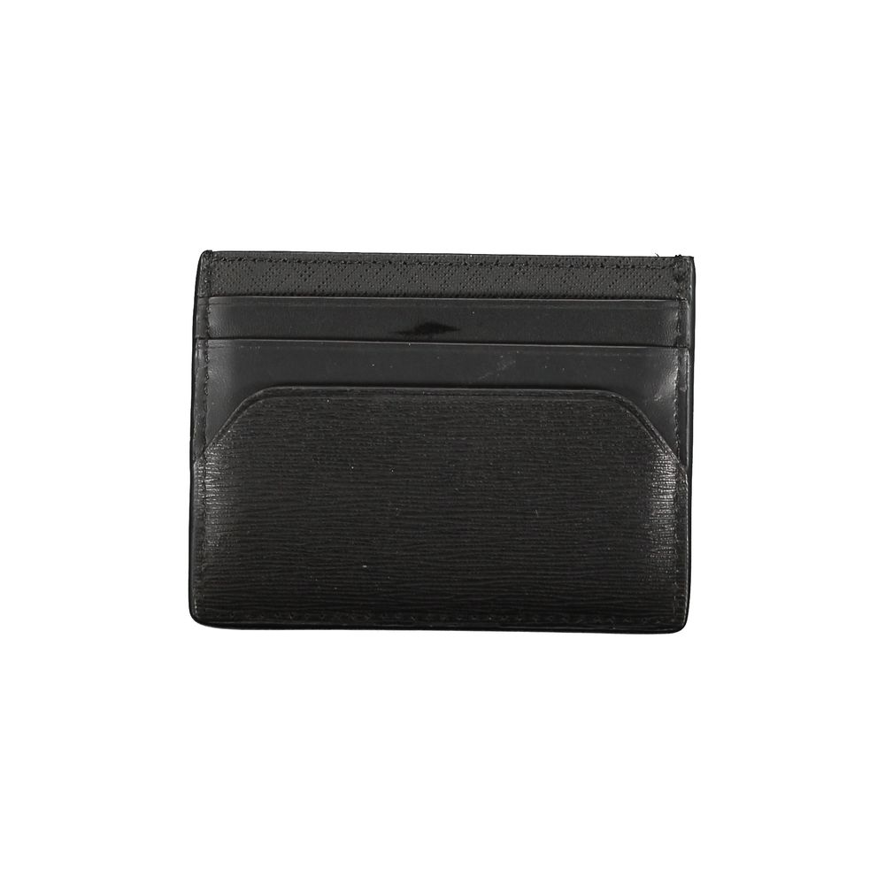 Tommy Hilfiger Black Leather Wallet with card holder feature, central pocket, and printed logo.
