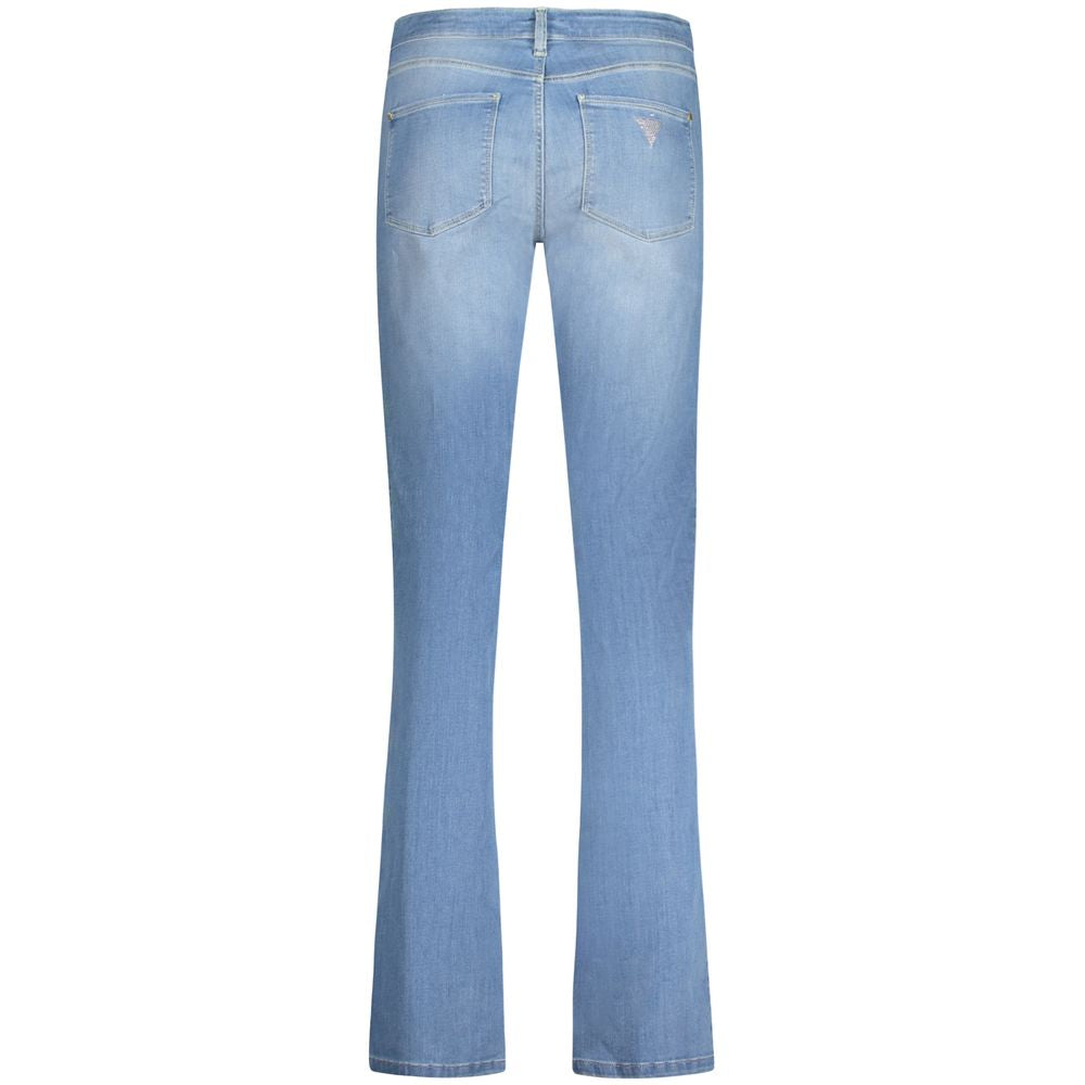 Back view of Guess Jeans Blue Cotton Women Jeans with classic 5-pocket design and mid-rise fit, showcasing a washed effect and sustainable style.