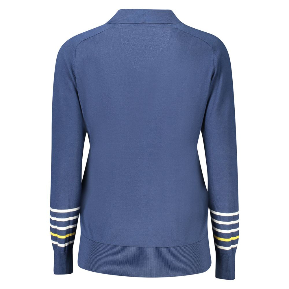 Back view of North Sails Blue Cotton Women Sweater featuring striped sleeves and luxurious cotton blend design.