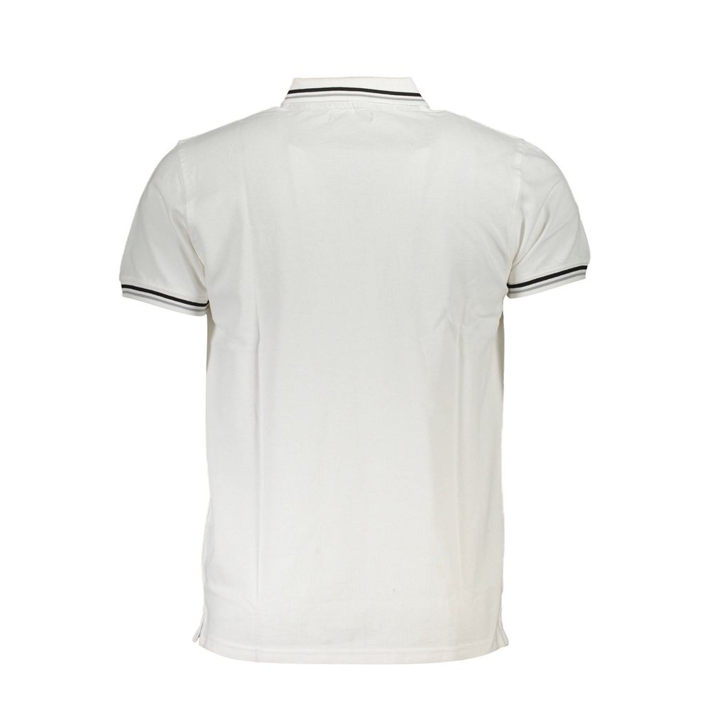 Cavalli Class White Cotton Men Polo Shirt with short sleeves and contrasting collar details, made from sumptuous cotton for a classy look.