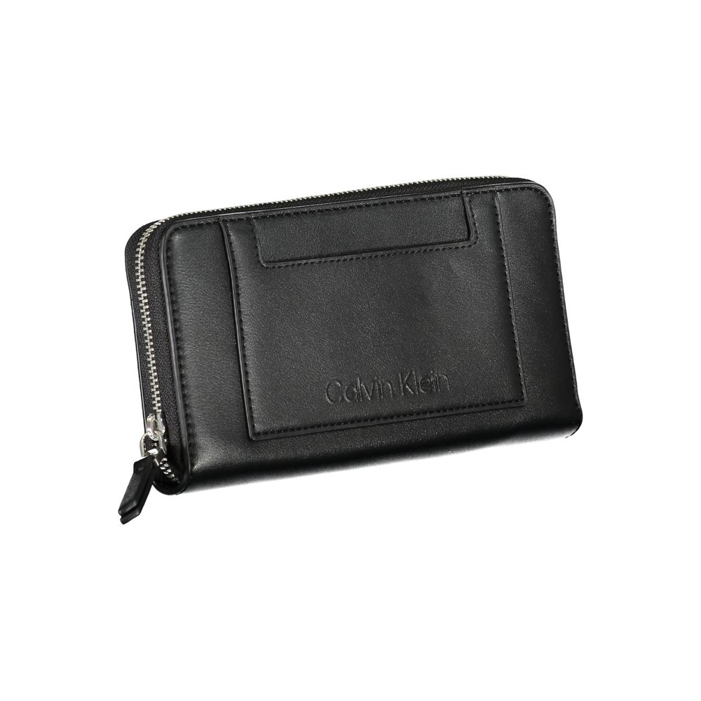 Calvin Klein Black Polyester Wallet with zip closure, 5 compartments, coin purse, card slots, external pocket, and contrasting details.