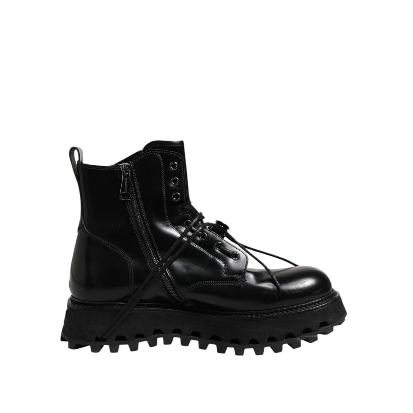 Dolce & Gabbana Black Leather Logo Ankle Boots Lace Up Shoes