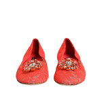 Dolce & Gabbana Orange Lace Crystal Ballet Flats Loafers Shoes
