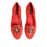Dolce & Gabbana Orange Lace Crystal Ballet Flats Loafers Shoes