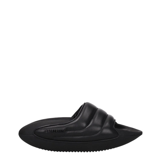 Balmain Black Leather Slippers with open toe, side logo, rubber sole, and mid heel, MPN VL299LPQP0PA, casual style footwear.