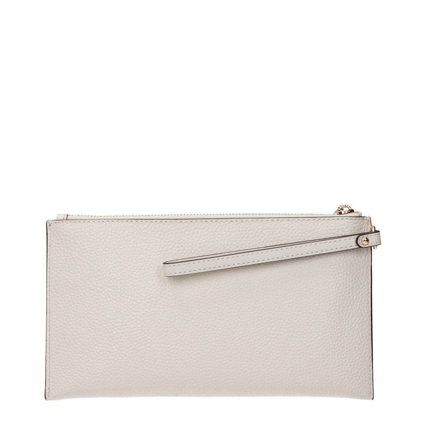 Michael Kors Beige Leather Clutch Bag with front logo and strap, featuring beige leather design and classic style.