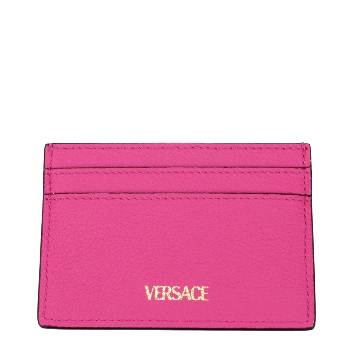 Versace Pink Leather Cardholder with fuchsia leather and back logo detail, MPN 1008105DVIT2T1P86V, perfect for stylish document holding.