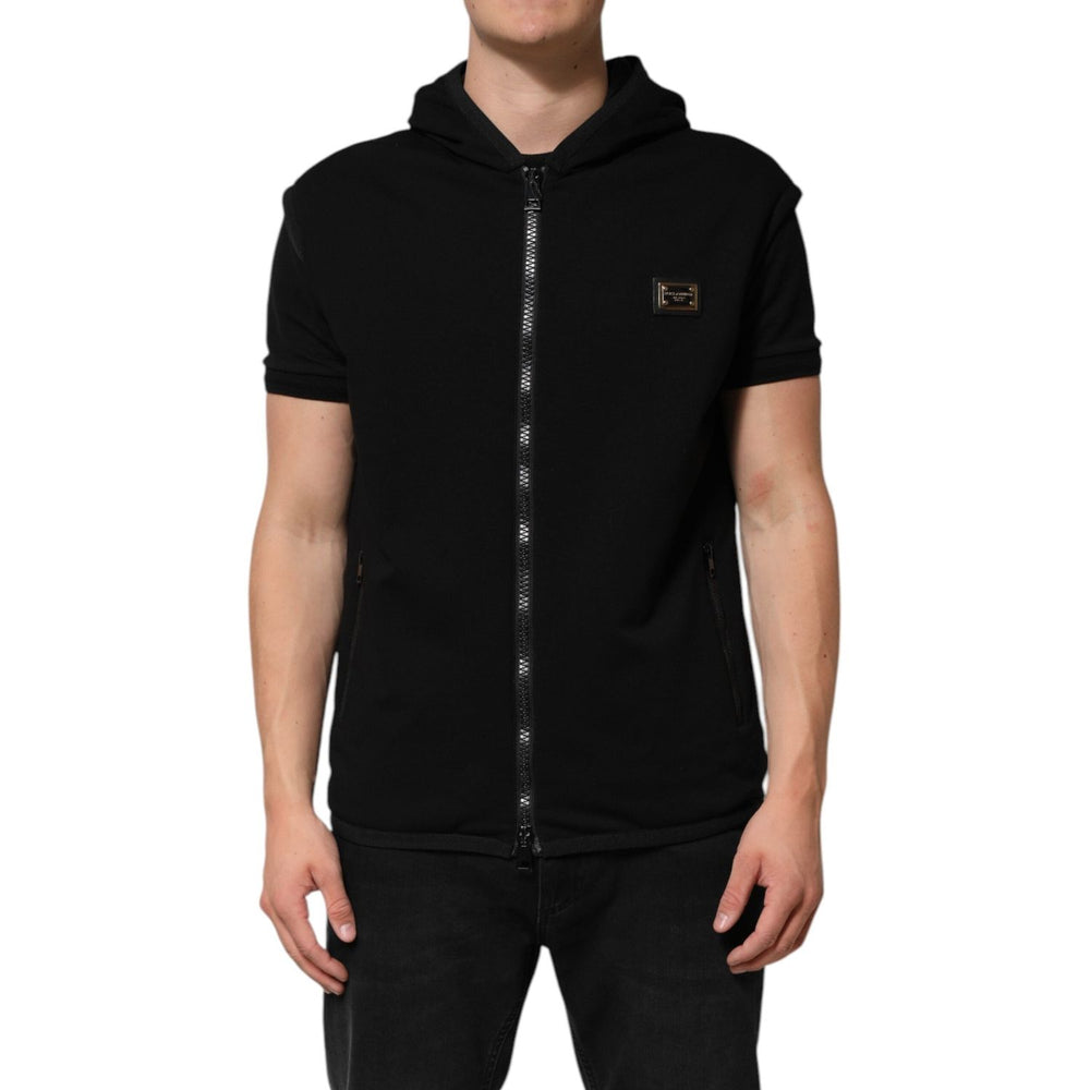 Dolce & Gabbana Black Sleeveless Hooded Logo Plaque Jacket