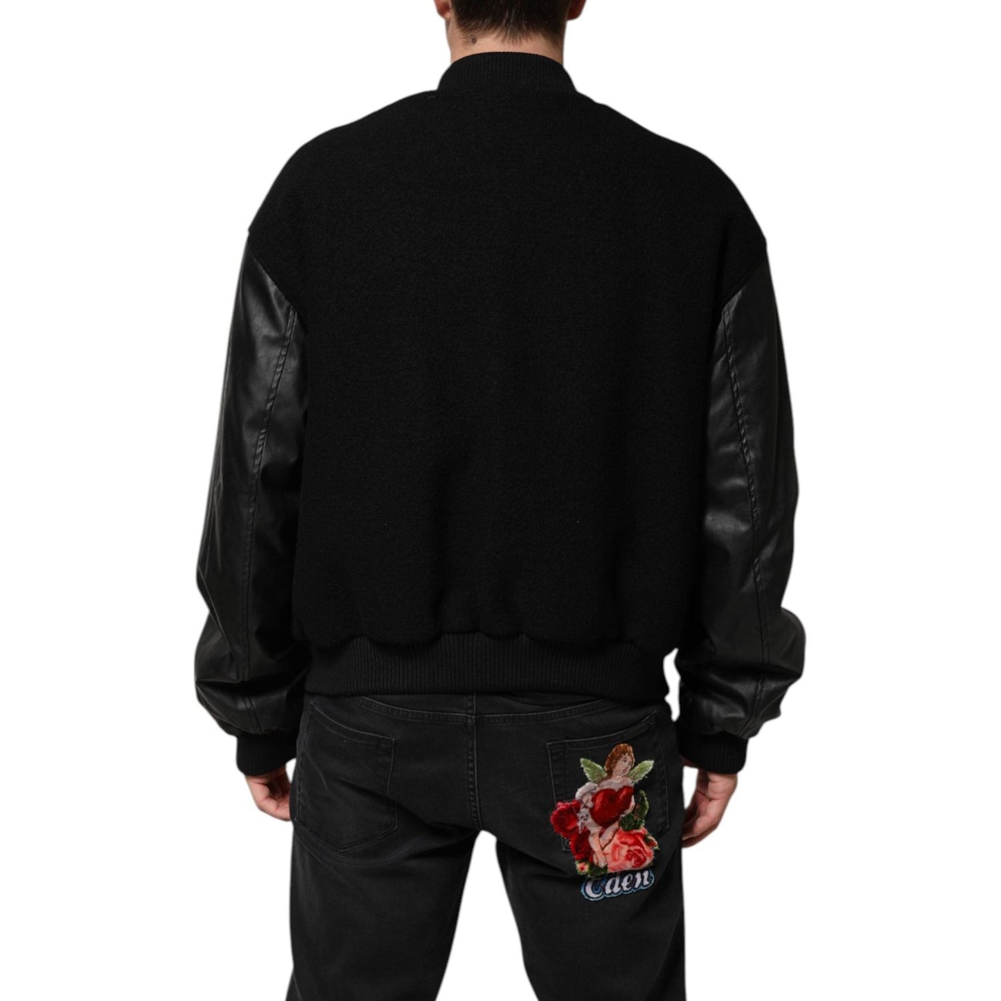 Dolce & Gabbana Black Wool Logo Plaque Bomber Jacket