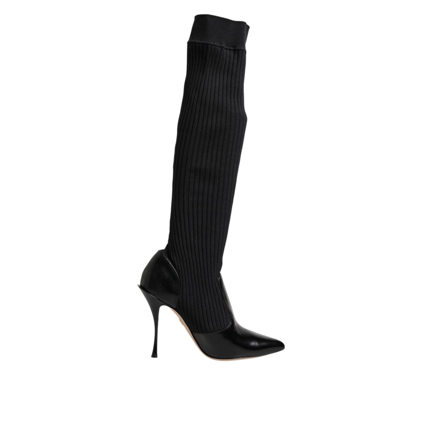 Dolce & Gabbana Black Leather Ribbed Knit Knee Boots Shoes LA11448-40