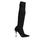 Dolce & Gabbana Black Leather Ribbed Knit Knee Boots Shoes LA11448-40