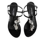 Dolce & Gabbana Black Leather Crystal Ankle Strap Sandals Shoes LA12752-35.5