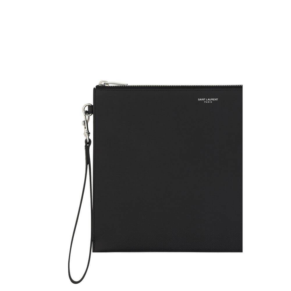 Saint Laurent Black Calf Leather Bos Taurus Other Accessories iPad holder with zipper and strap, AW25, 29x29x0.5 cm.