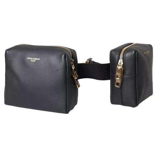 Dolce & Gabbana Black Calfskin Leather Double Waist Belt Fanny Pack Bag