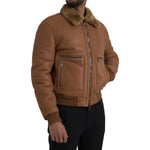 Dolce & Gabbana Brown Leather Fur Button Biker Coat Jacket JKT4050-52
