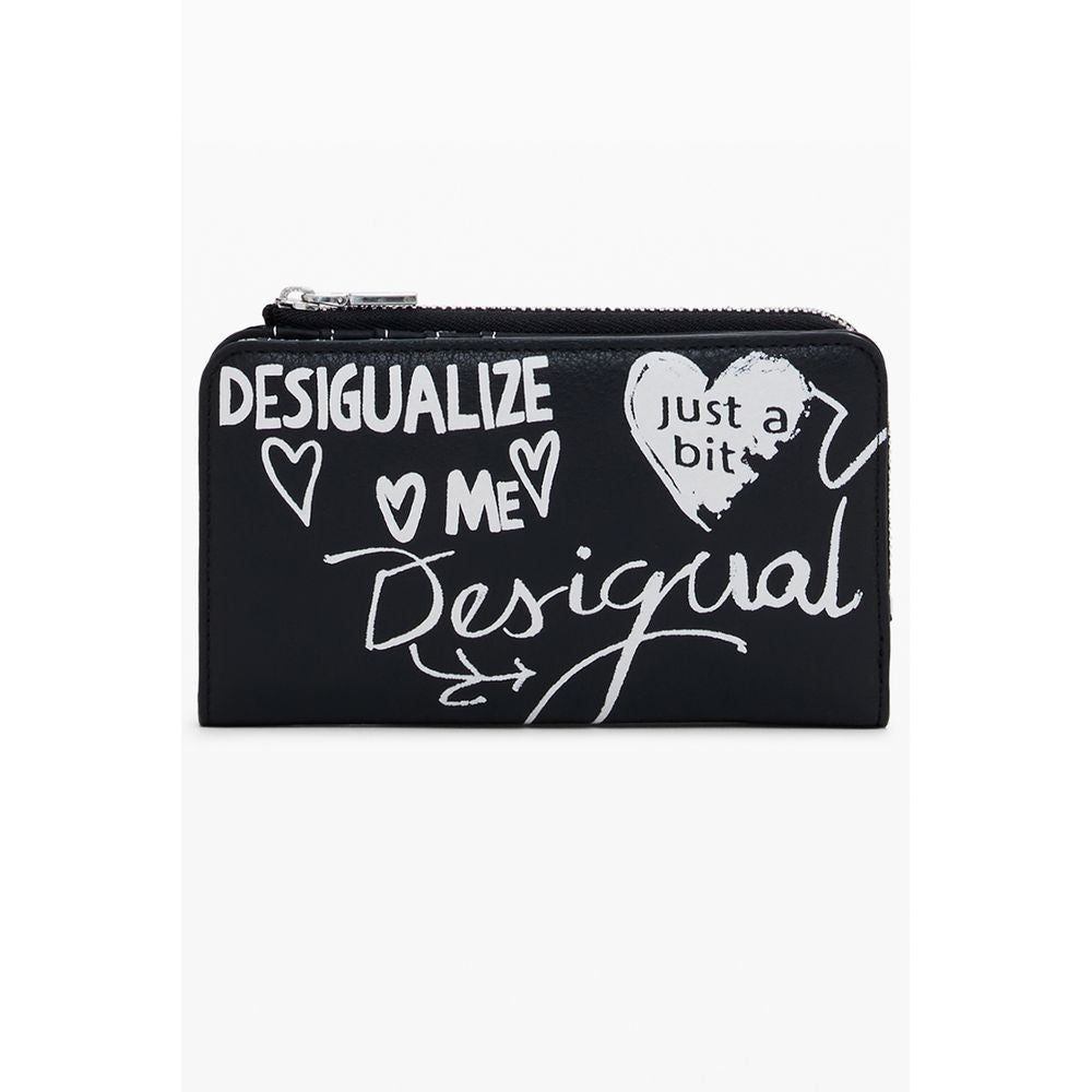 Desigual Black Polyethylene Women Wallet with graffiti style design, featuring zip closure and spacious compartments for cards and coins.