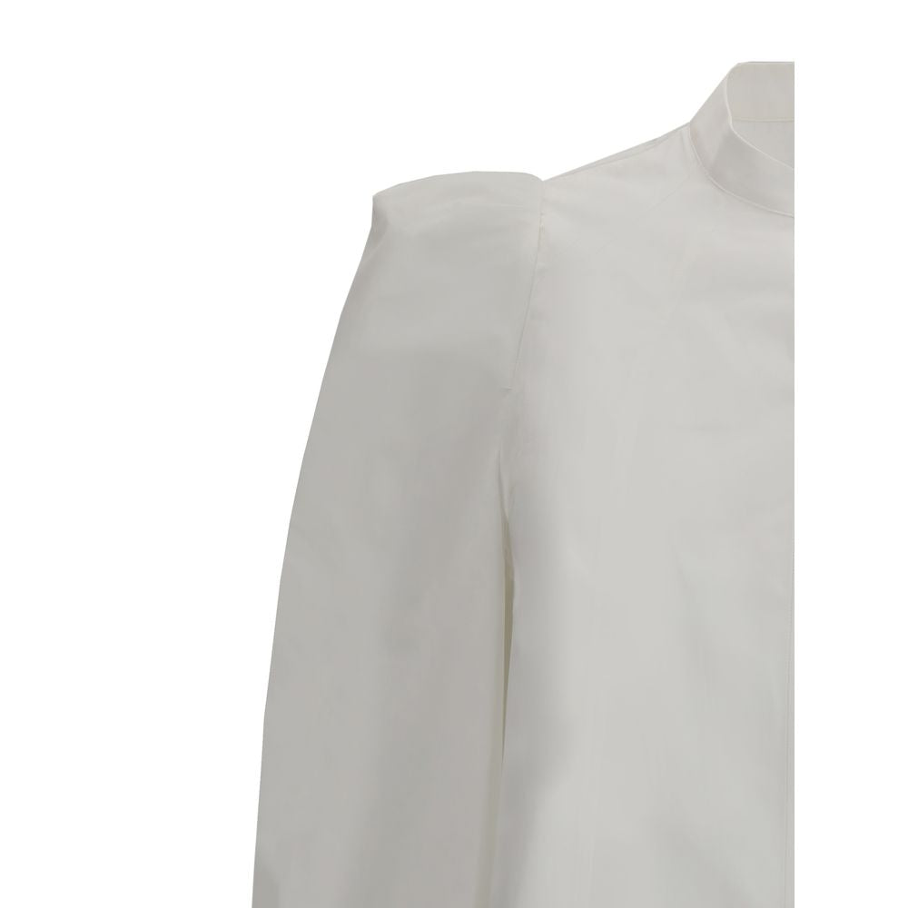 Alexander McQueen White Cotton Dress Shirt with mandarin collar and ruffled shoulders, elegant and contemporary design, AW25, slim fit.