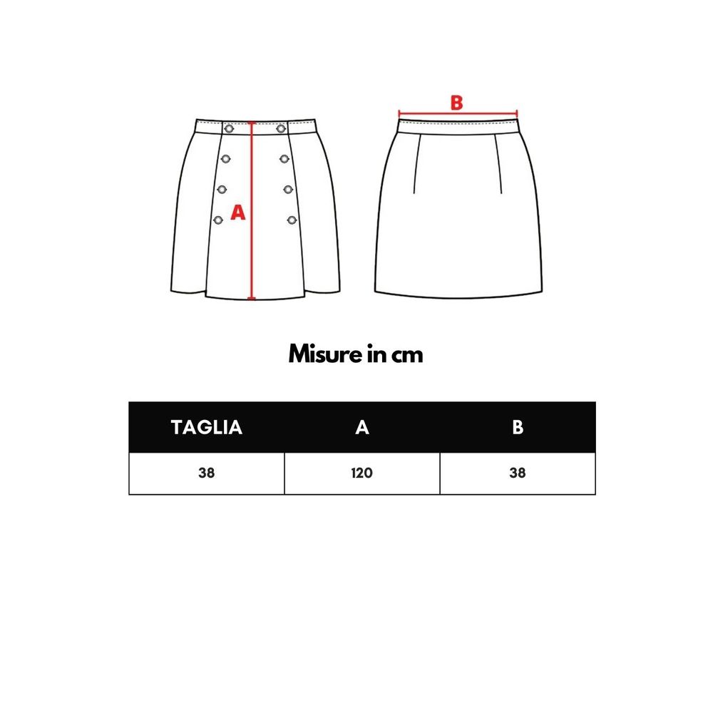 Size chart for Tom Ford Black Viscose Long Skirt with measurements in cm showing waist and length.