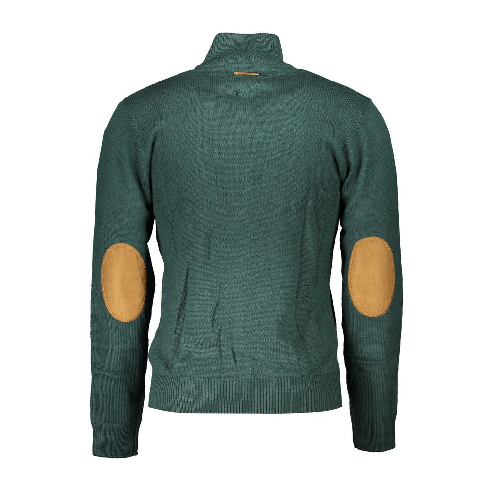 Gianmarco Venturi Green Cotton Sweater with long sleeves, zip, 2 pockets, embroidery, contrast details, and logo on display
