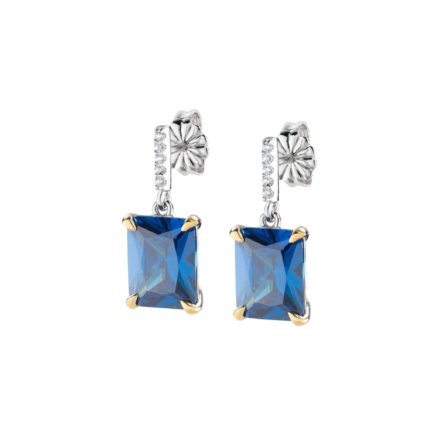 AMEN JEWELRY Mod. ECK1REBBLZ elegant blue gemstone earrings with silver and gold accents.