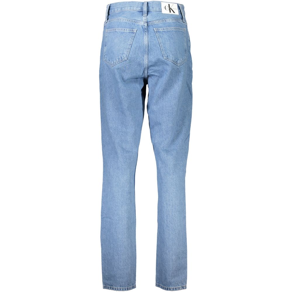 Calvin Klein Blue Cotton Jeans Denim with 5 pockets and logo on back view, made with 20% recycled cotton. Focus on eco-friendly fashion.