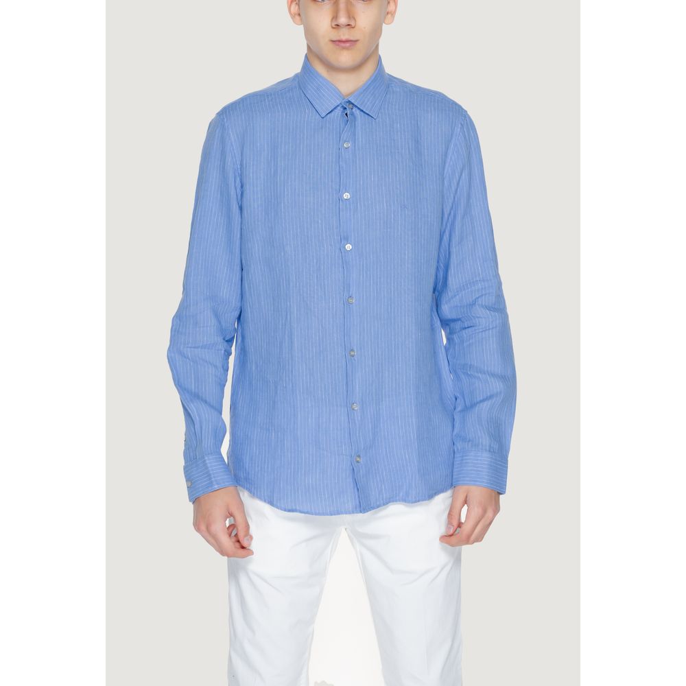 Calvin Klein Blue Linen Dress Shirt with long sleeves, button-up front, and traditional collar, perfect for warm seasons.
