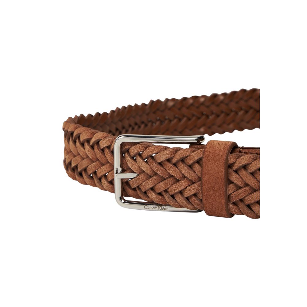 Close-up of Calvin Klein Brown Leather Regular Belt with braided design and metal buckle