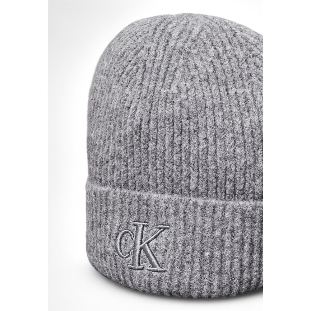 Calvin Klein Gray Marabou Cap (Baseball Hat) with CK logo, ribbed design, stylish winter accessory for women.
