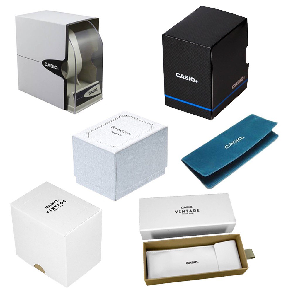 CASIO COLLECTION Mod. DATE - WHITE packaging boxes in various styles, included with the wristwatch purchase.
