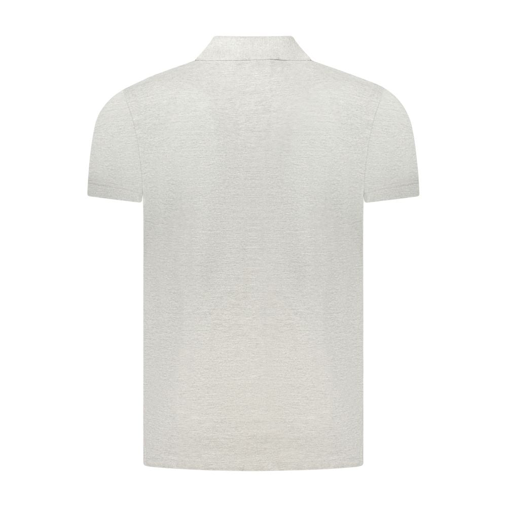 Back view of Cavalli Class Gray Cotton Polo Shirt with short sleeves and contrasting details