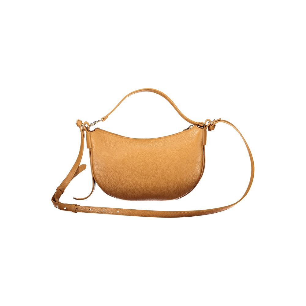 Coccinelle Brown Leather Handbag with adjustable strap and zip closure, featuring internal pocket and logo design.
