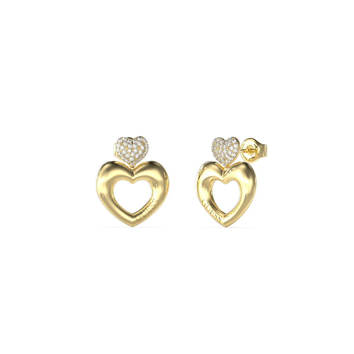 Gold heart earrings from GUESS JEWELS JEWELRY Mod. JUBE05209JWYGT-U, featuring crystal details.