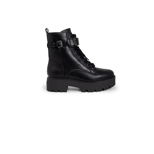 Guess Black Polyethylene Lace-Up Boots with decorative buckle on lug sole, women's combat style, high-quality polyurethane.