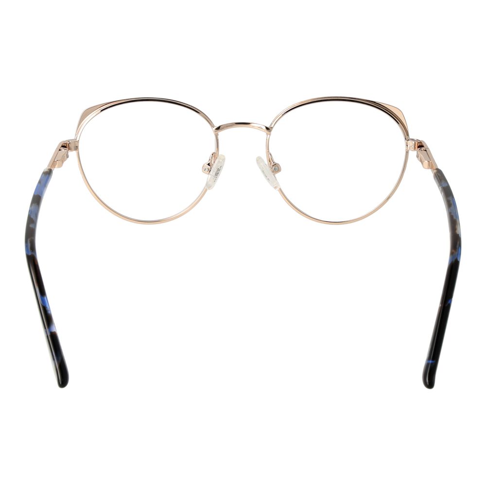 Guess Gold Metal Glasses (Frames) for women, round full-rim style, gold metal frame, demo plastic lenses, spring hinge, 47mm lens width.